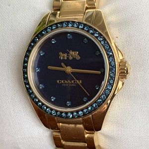 Coach Gold-Tone Watch with Blue Dial and Blue Crystal Accents